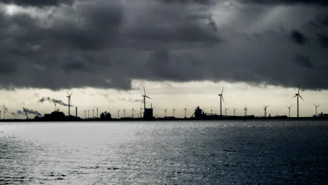 Offshore wind turbines in the background with a grey sky and overlooking a body of water.