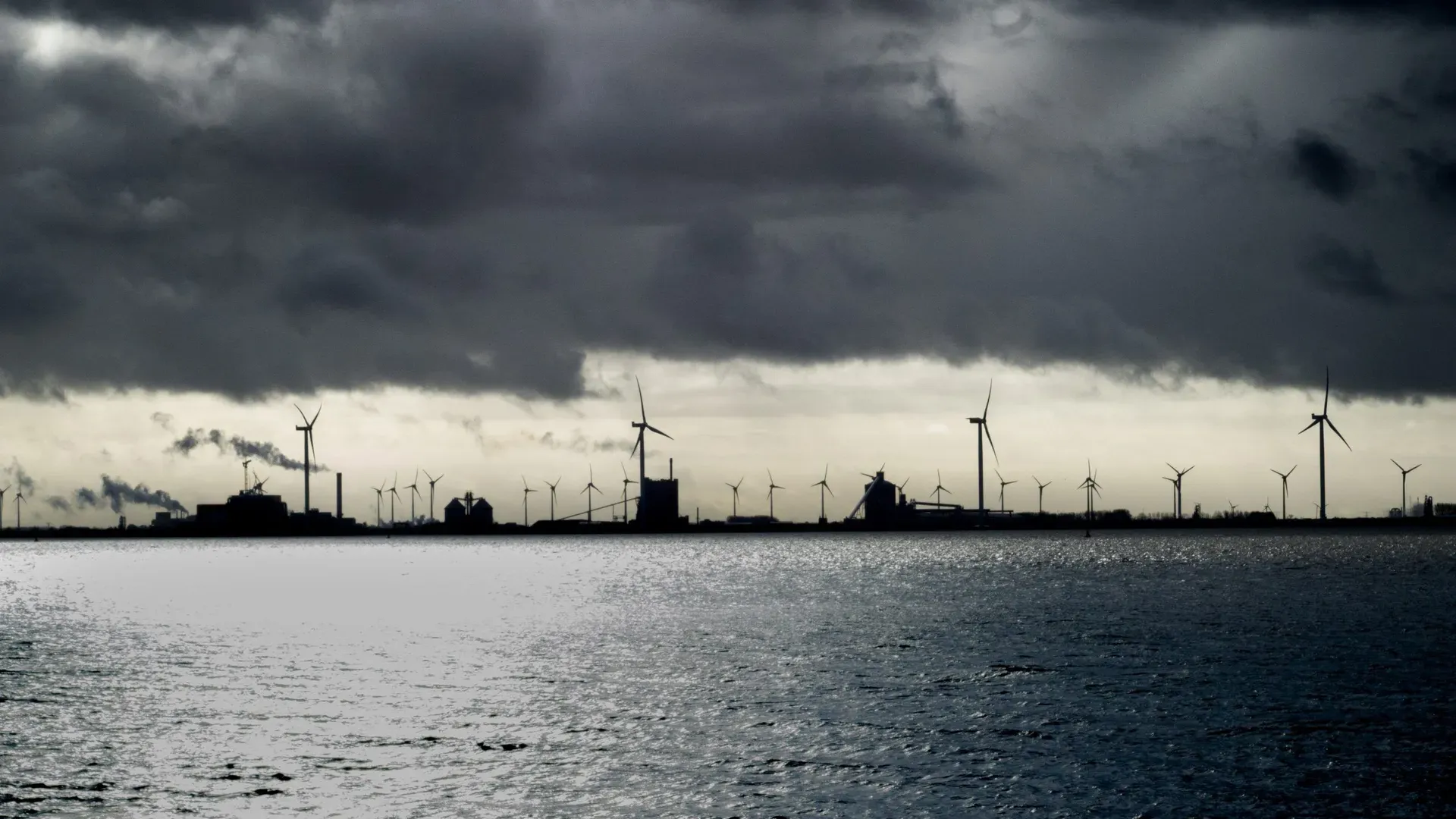 Offshore wind turbines in the background with a grey sky and overlooking a body of water.