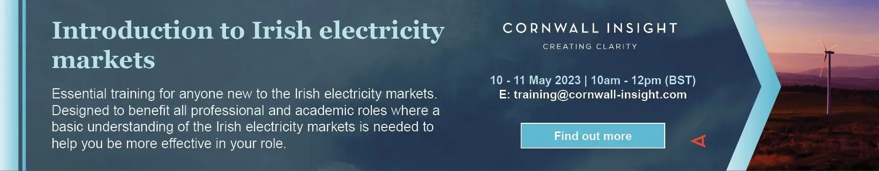 Advert for our Introduction to Irish electricity markets course. Learn more by emailing training@cornwall-insight.com