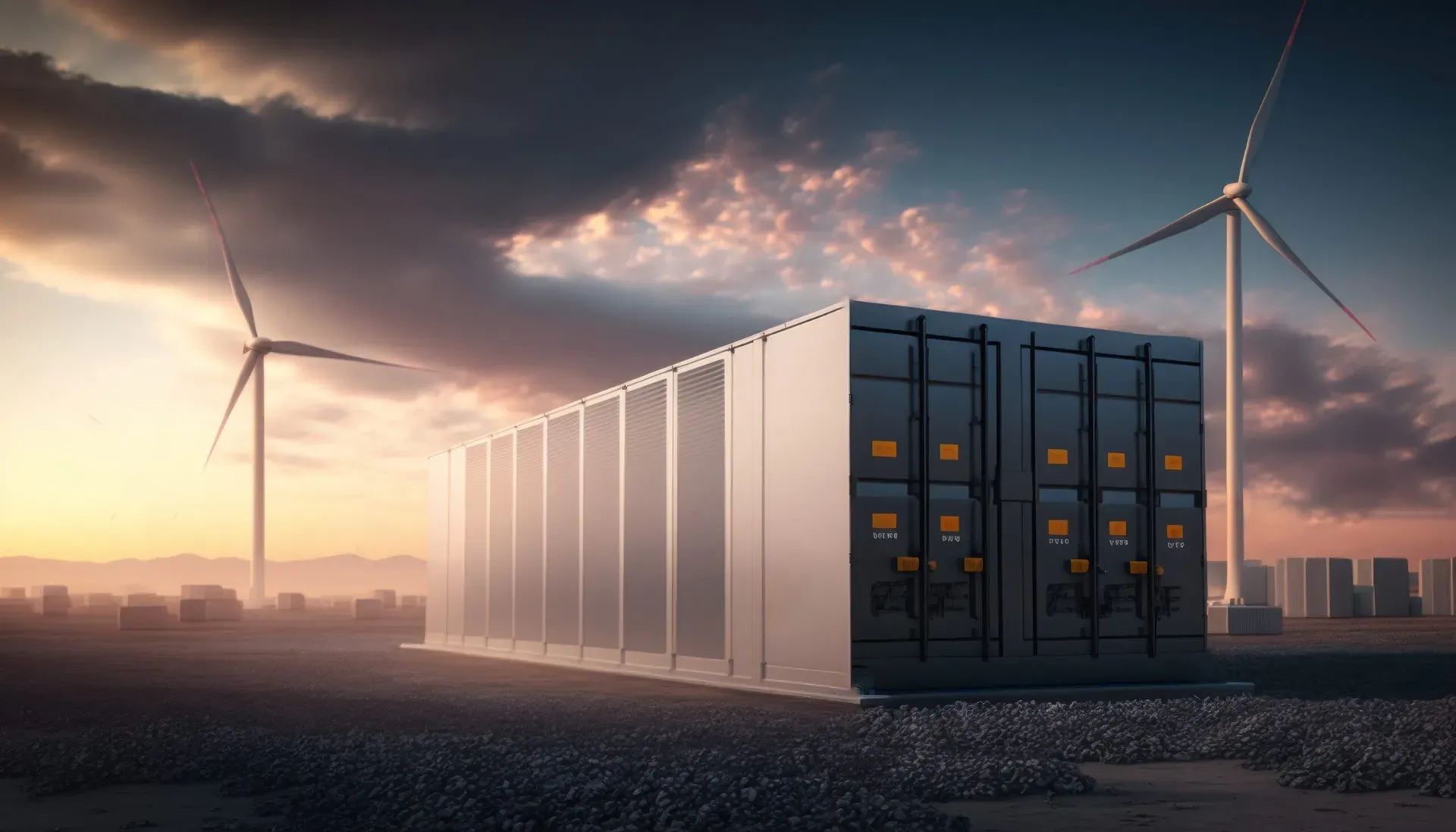 Sunset with modern battery energy storage system and background