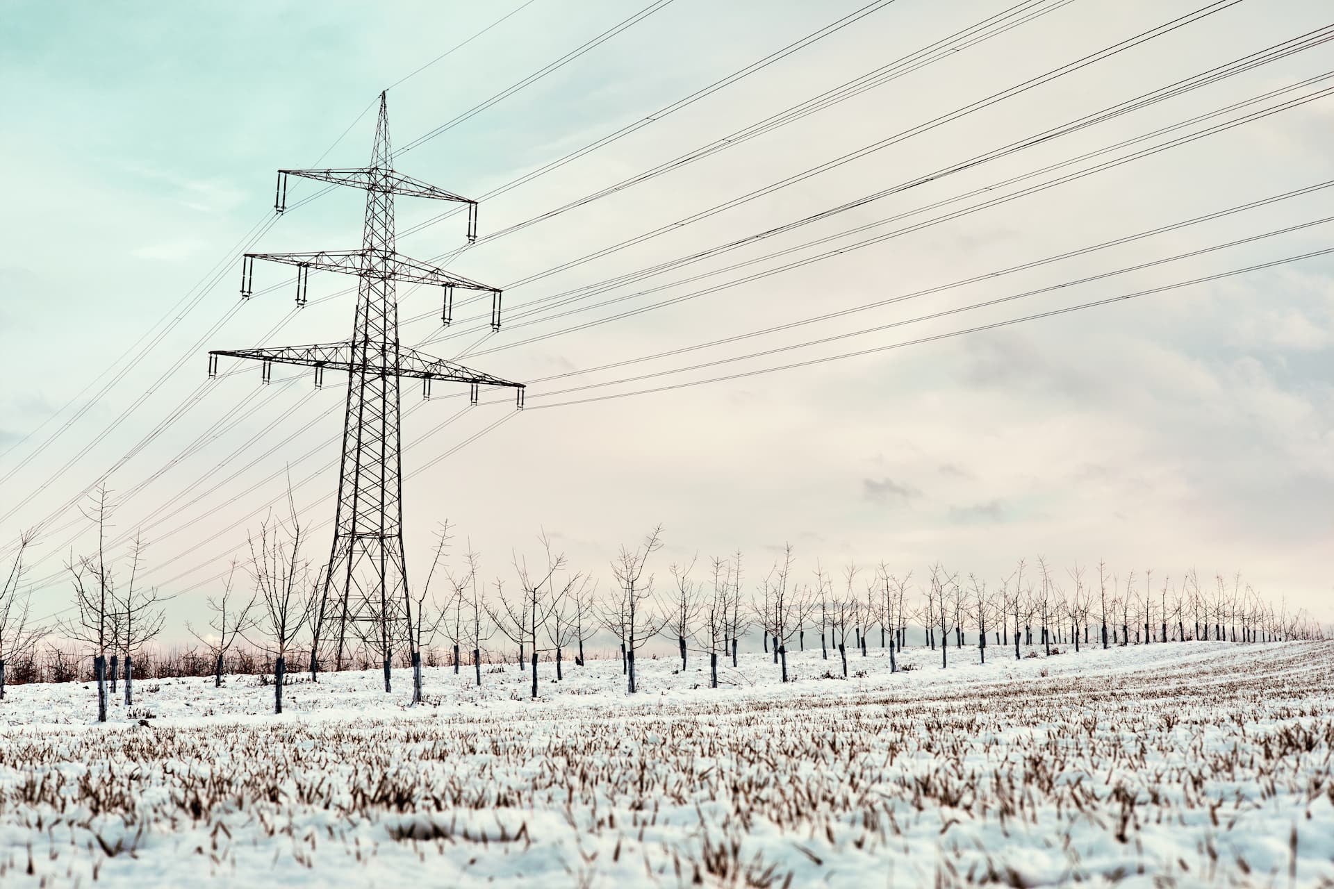 Electricity pylon in snowy field