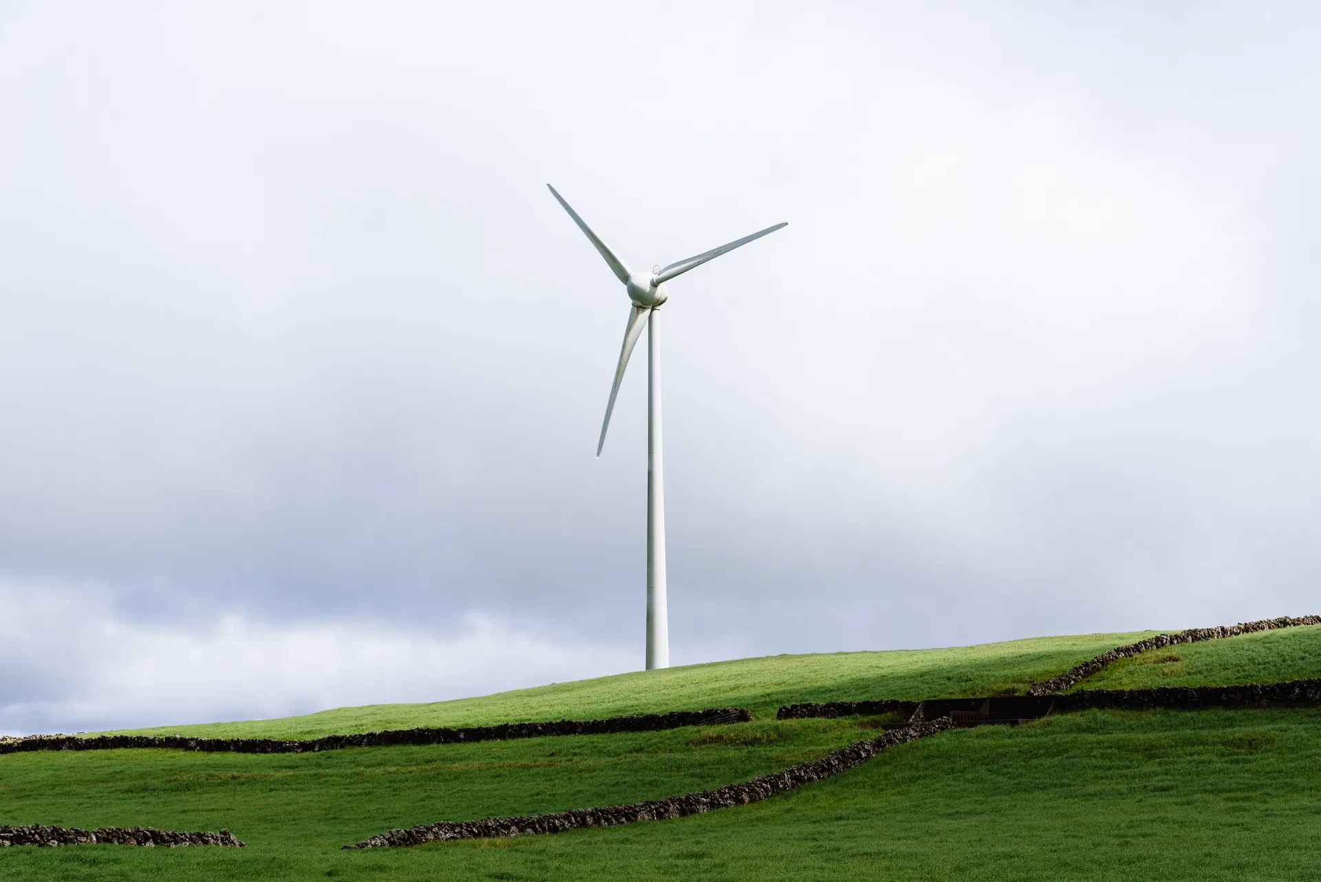 Single wind turbine in an empty field against a grey sky