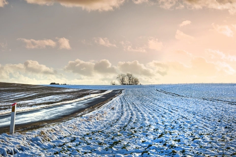 Winter scene of fields in the UK covered in frost